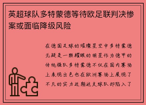 英超球队多特蒙德等待欧足联判决惨案或面临降级风险